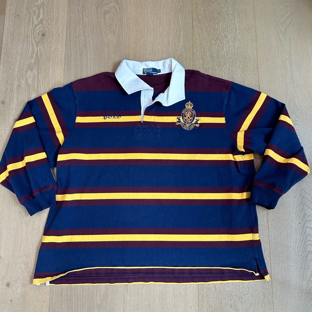 Polo by Ralph Lauren Rugby Shirt Blue and Yellow Striped size 4X BIG with logos